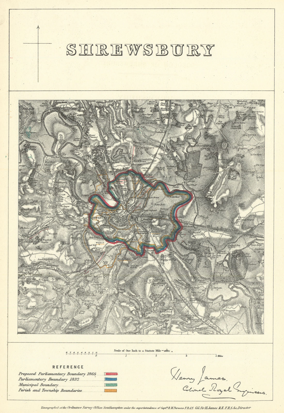 Shrewsbury, Shropshire. JAMES. Parliamentary Boundary Commission 1868 old map